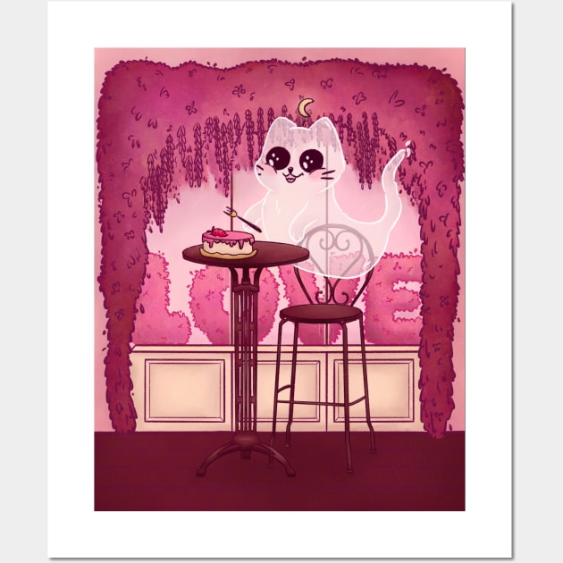 Ghost Cat and Strawberry Cake Wall Art by LenasScribbles